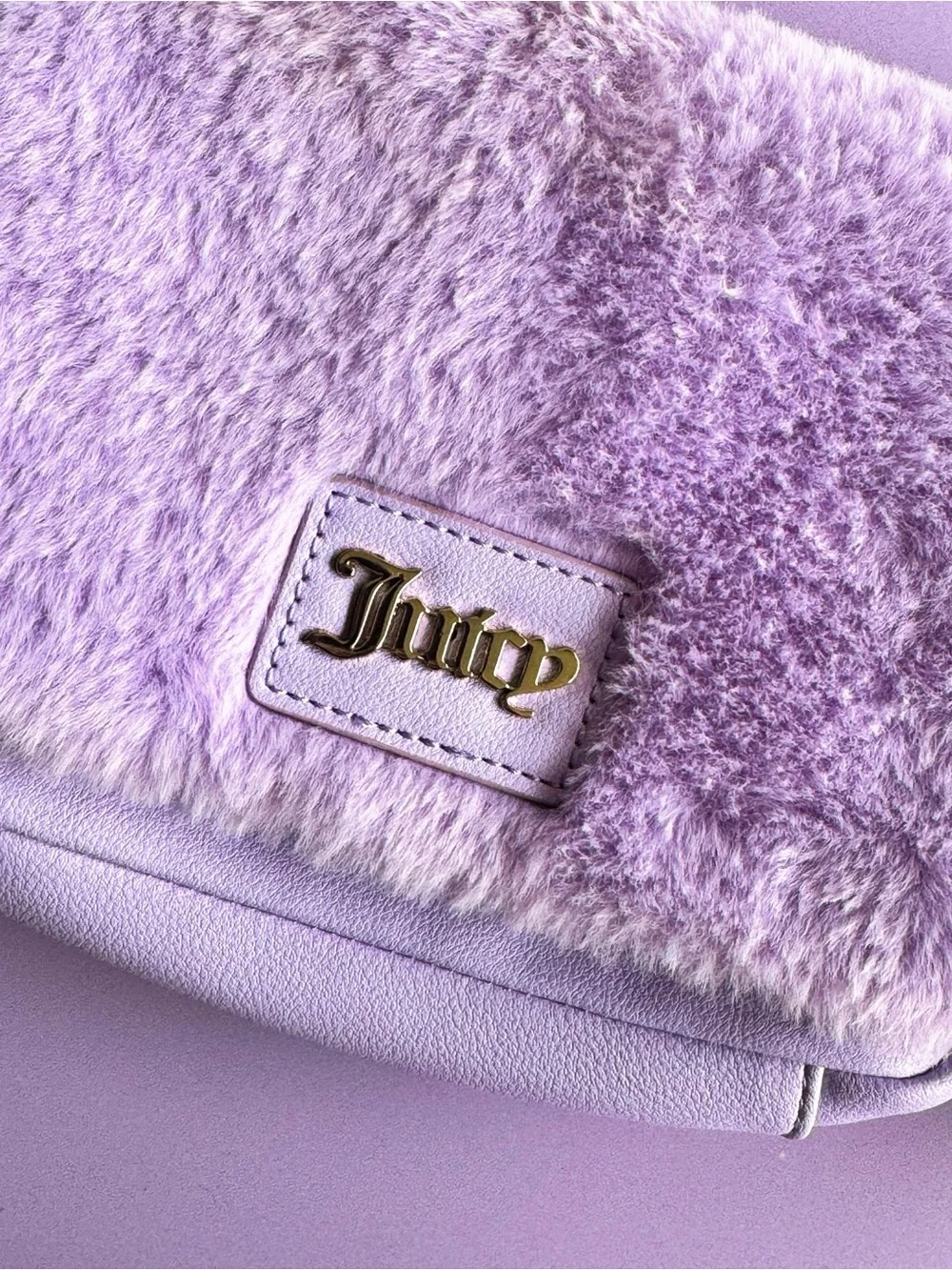 Y2K Juicy Couture Fluffy Purple Fur Gold Logo Crossbody Bag With Keychain NWT